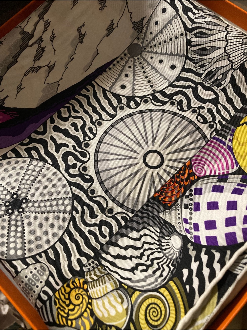 Hermes Black, White, Yellow & Purple Seashell Motif Silk Scarf